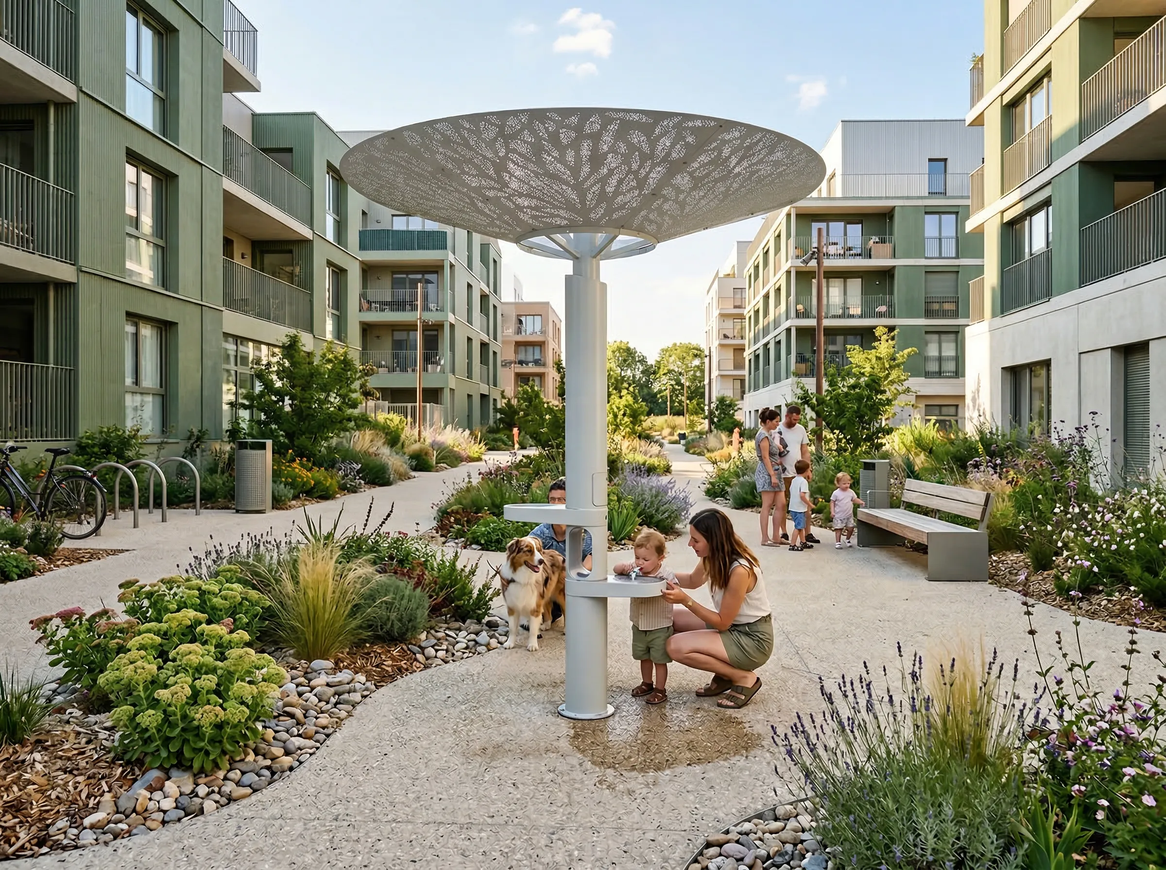 Fontaine Mât Source avec jet d’eau et structure ombragée permettant le rafraîchissement d’espace public